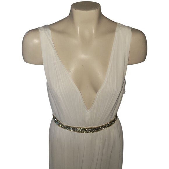 White Sleeveless Deep V-Neck Gown With Gold Glitter Waistband & Pleated Skirt Sm - Picture 2 of 9